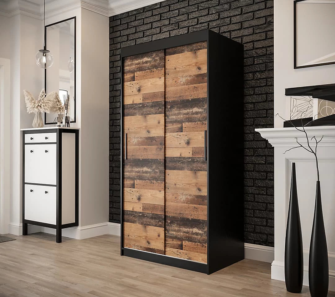 Tilburg Contemporary 2 Sliding Door Wardrobe 5 Shelves 2 Rails Dark Oak Effect and Black (W)100cm