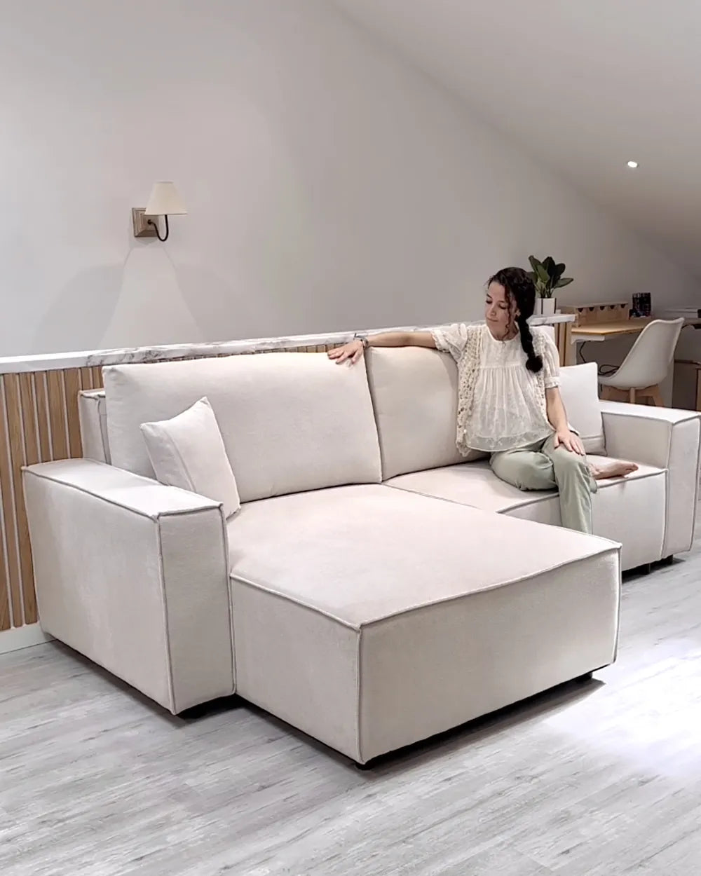 Sofa Bed 3 Seater Fabric Light Beige with Storage Right Hand Fairbairn