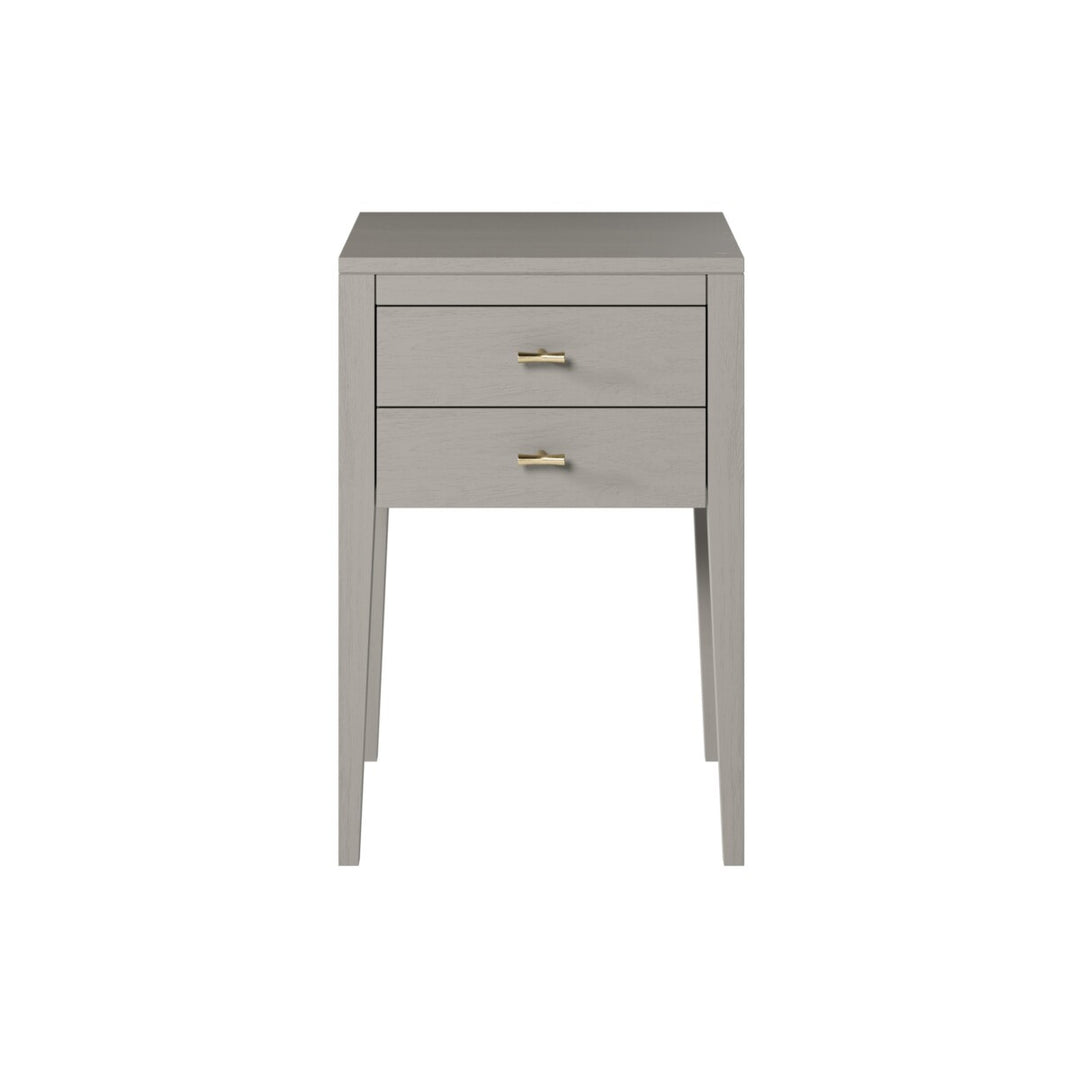 Gray side table with two drawers on a white background