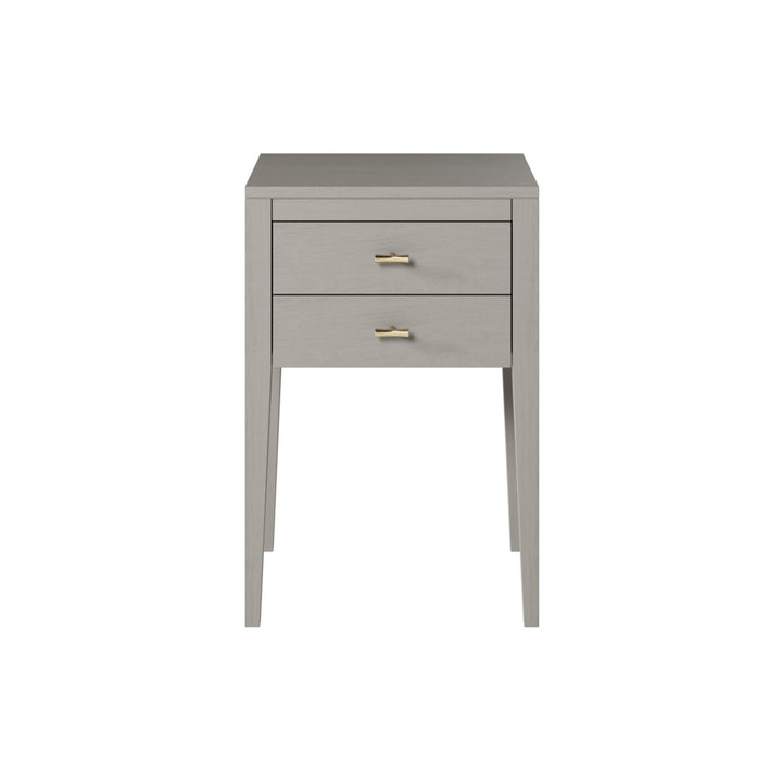 Gray side table with two drawers on a white background