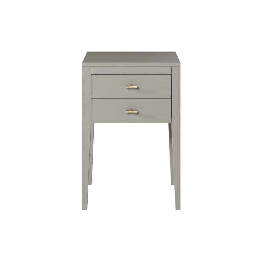 Gray side table with two drawers on a white background