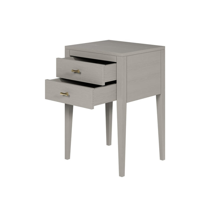 Gray side table with two drawers on a white background