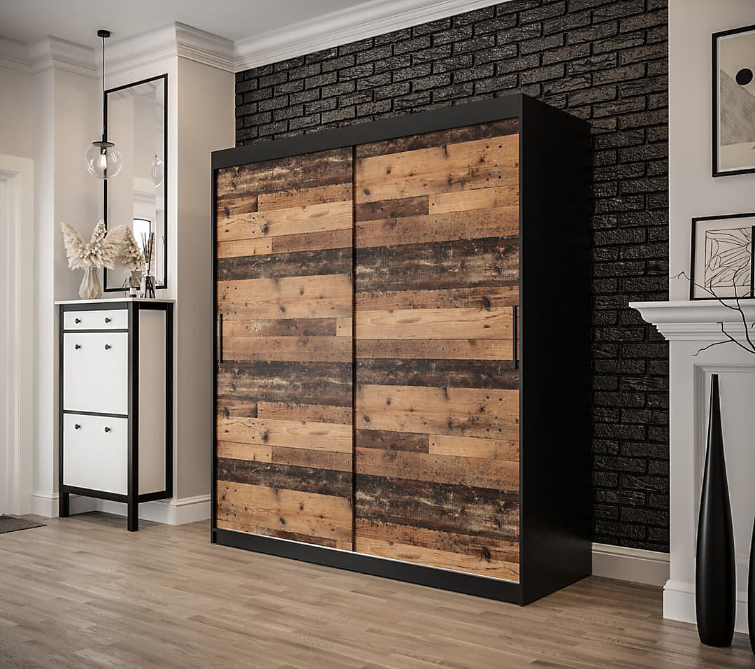 Tilburg Contemporary 2 Sliding Door Wardrobe 9 Shelves 2 Rails Dark Oak Effect and Black