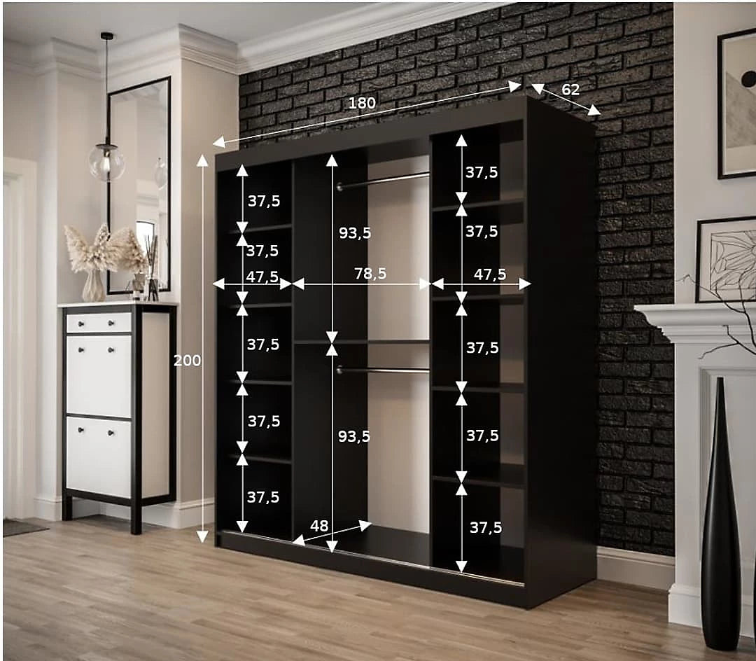 Tilburg Contemporary 2 Sliding Door Wardrobe 9 Shelves 2 Rails Dark Oak Effect and Black (W)180cm