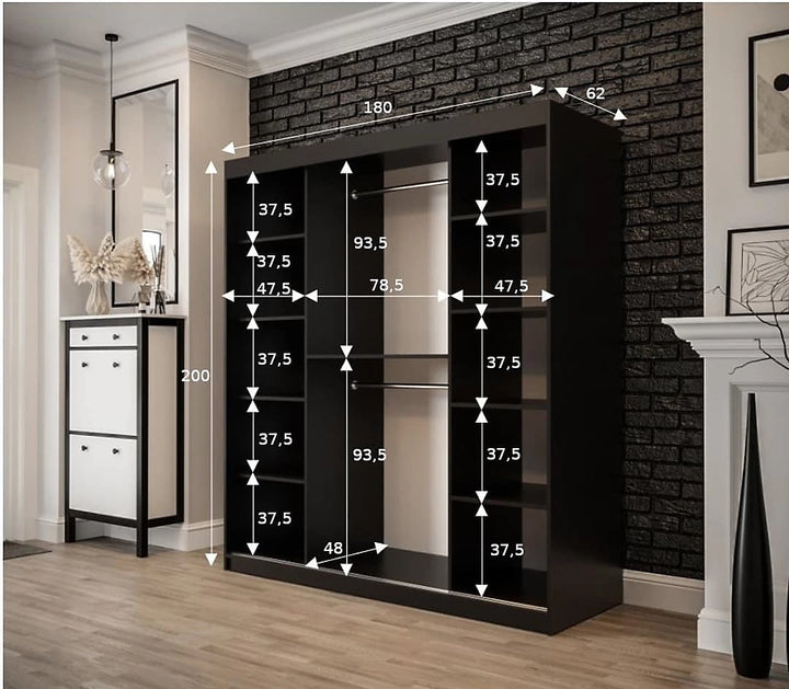 Tilburg Contemporary 2 Sliding Door Wardrobe 9 Shelves 2 Rails Dark Oak Effect and Black (W)180cm