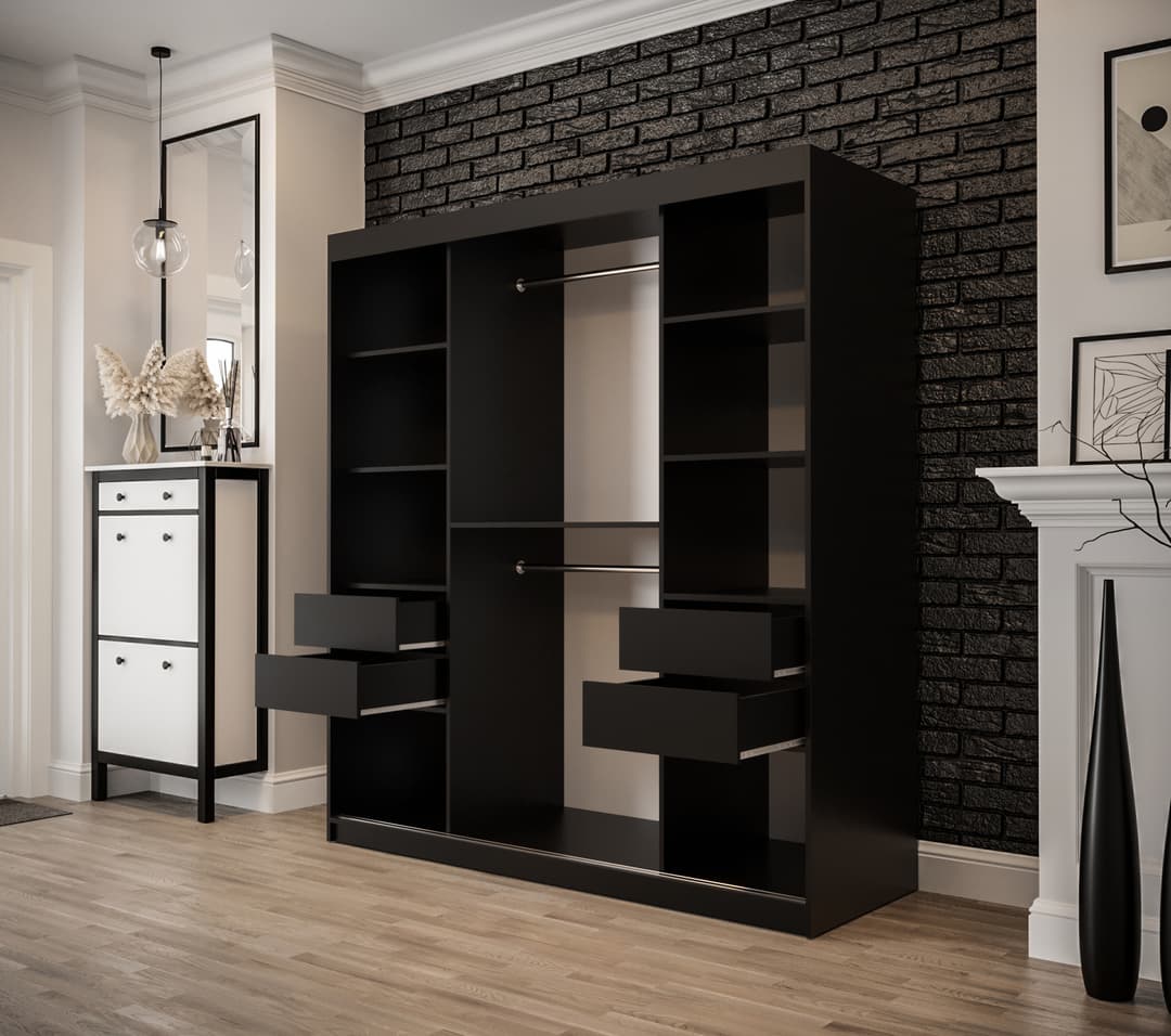 Tilburg Contemporary 2 Sliding Door Wardrobe 9 Shelves 2 Rails Dark Oak Effect and Black (W)180cm