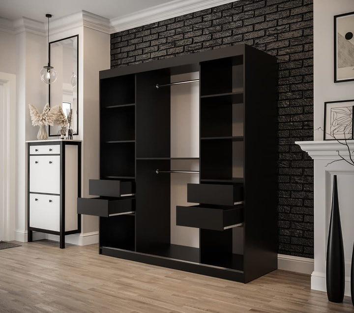 Tilburg Contemporary 2 Sliding Door Wardrobe 9 Shelves 2 Rails Dark Oak Effect and Black (W)180cm