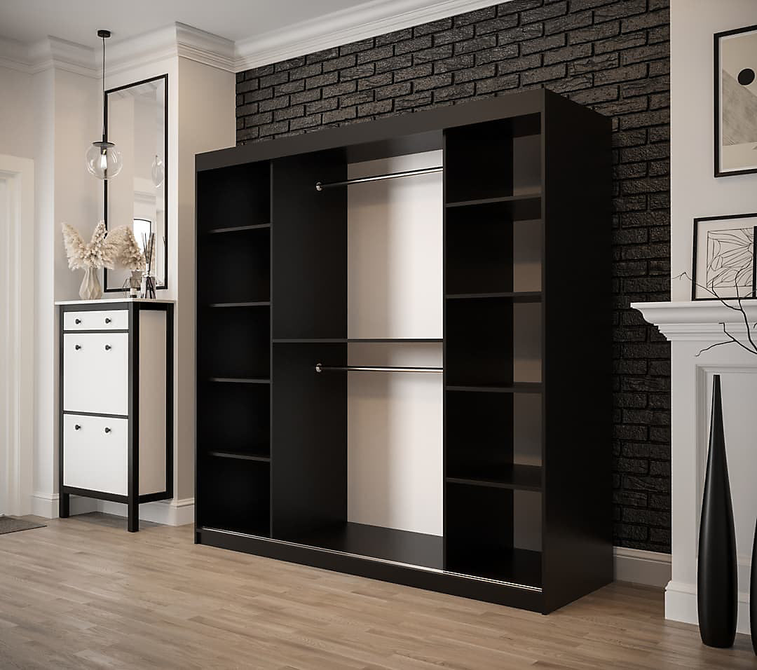 Tilburg Contemporary 2 Sliding Door Wardrobe 9 Shelves 2 Rails Dark Oak Effect and Black (W)200cm