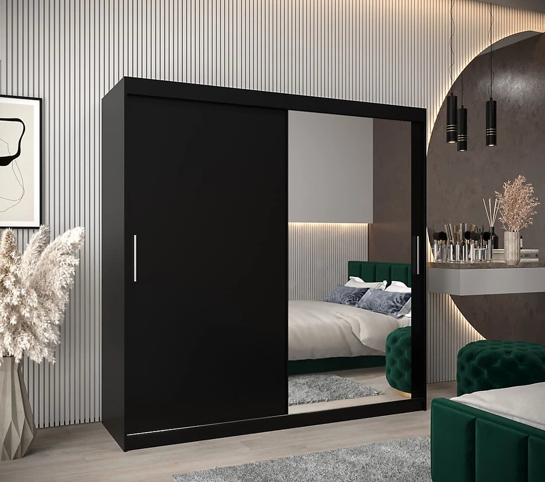 Tokyo 02 Contemporary Mirrored 2 Sliding Door Wardrobe 9 Shelves 2 Rails Black Matt