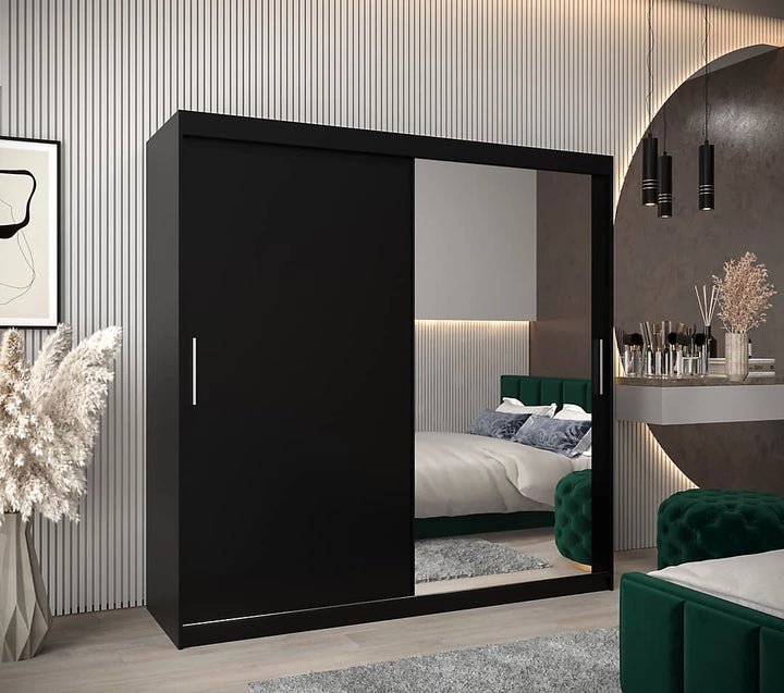 Tokyo 02 Contemporary Mirrored 2 Sliding Door Wardrobe 9 Shelves 2 Rails Black Matt