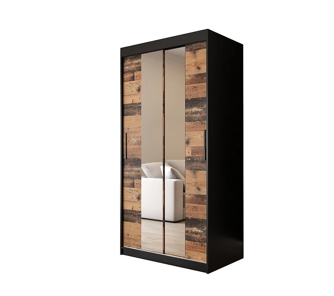 Tilburg 1 Contemporary 2 Mirrored Sliding Door Wardrobe 5 Shelves 2 Rails Dark Oak Effect & Black (W)100cm