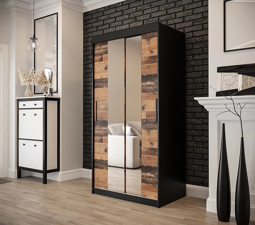 Tilburg 1 Contemporary 2 Mirrored Sliding Door Wardrobe 5 Shelves 2 Rails Dark Oak Effect & Black (W)100cm