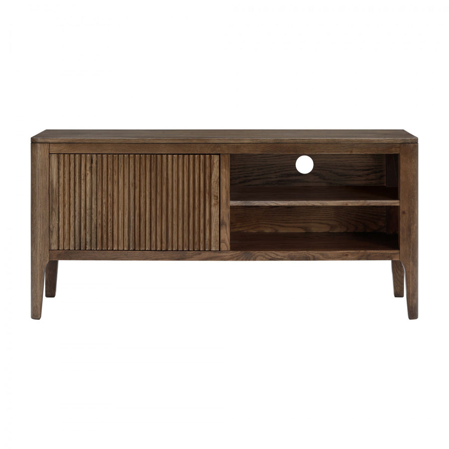 Wooden TV stand with a slatted door on a white background