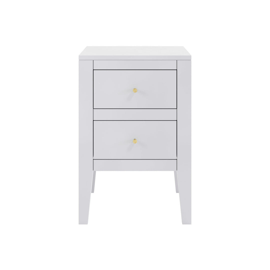 White nightstand with two drawers on a white background
