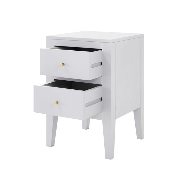 White nightstand with two drawers on a white background