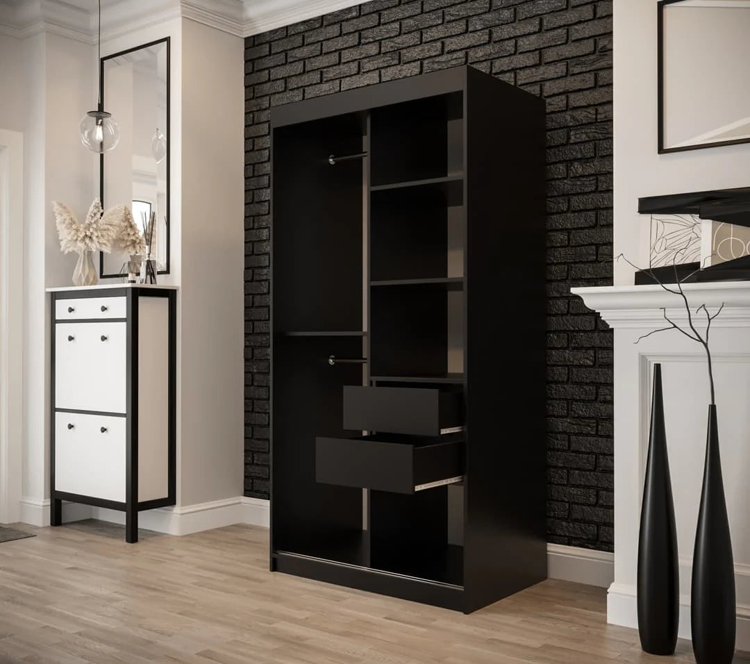 Tilburg 1 Contemporary 2 Mirrored Sliding Door Wardrobe 5 Shelves 2 Rails Dark Oak Effect & Black (W)150cm