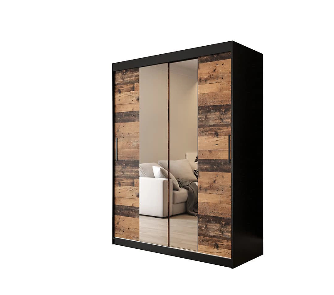 Tilburg 1 Contemporary 2 Mirrored Sliding Door Wardrobe 5 Shelves 2 Rails Dark Oak Effect & Black (W)150cm