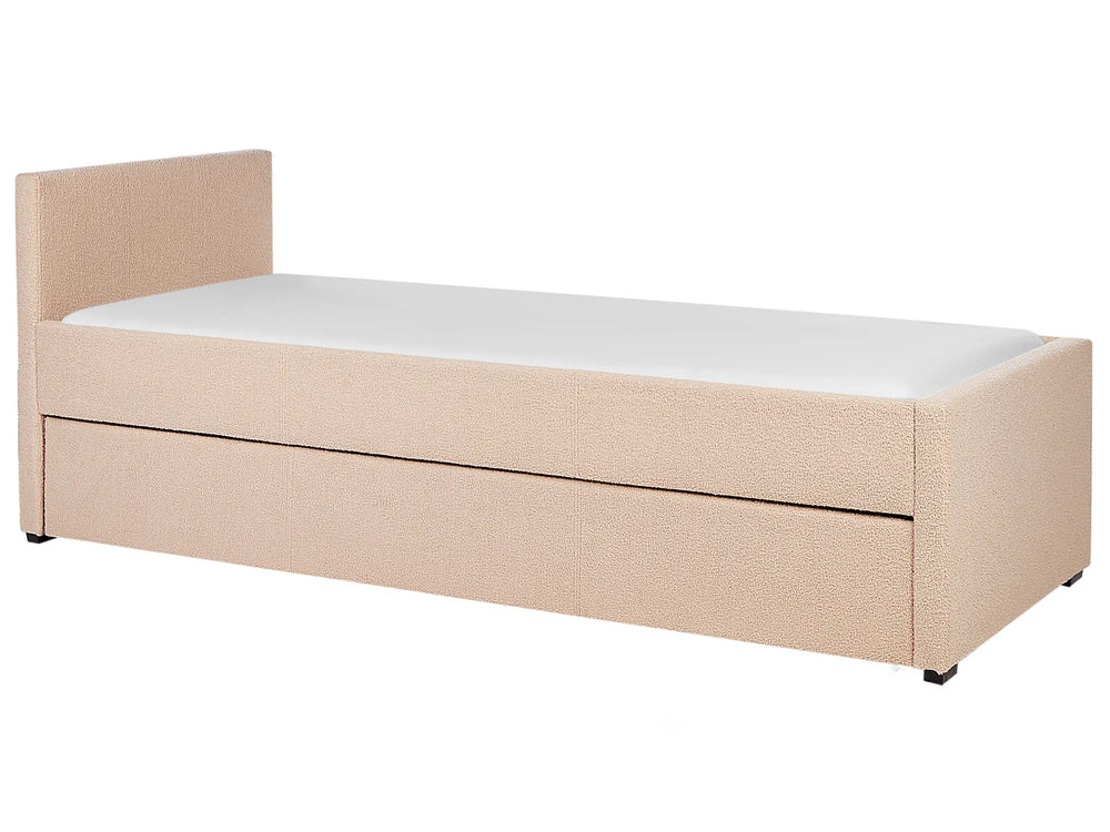 Beige bed frame with white mattress on a white background