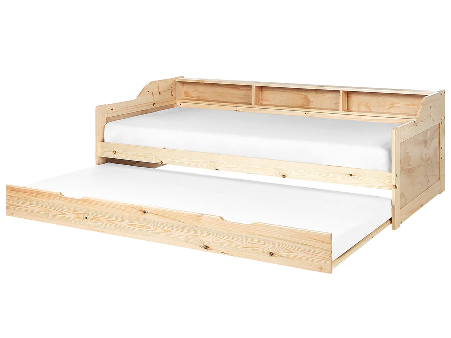 Wooden bed frame with a white mattress on a white background