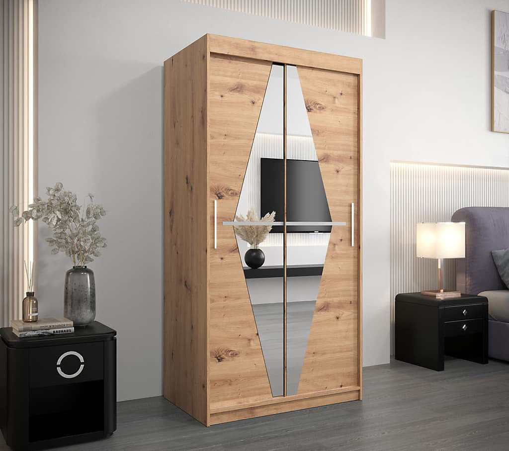 Boliwia Contemporary 2 Mirrored Sliding Door Wardrobe 5 Shelves 2 Rails Artisan Oak Effect (W)100cm