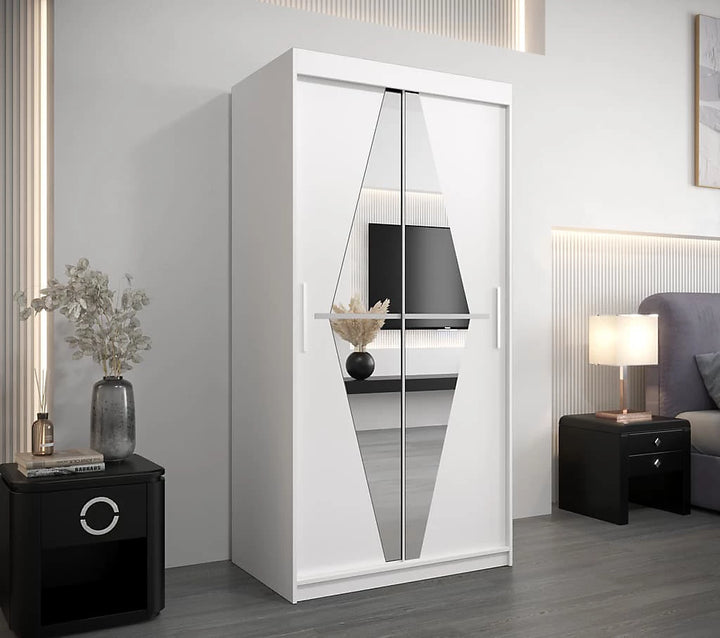 Boliwia Contemporary 2 Mirrored Sliding Door Wardrobe 5 Shelves 2 Rails White (W)100cm