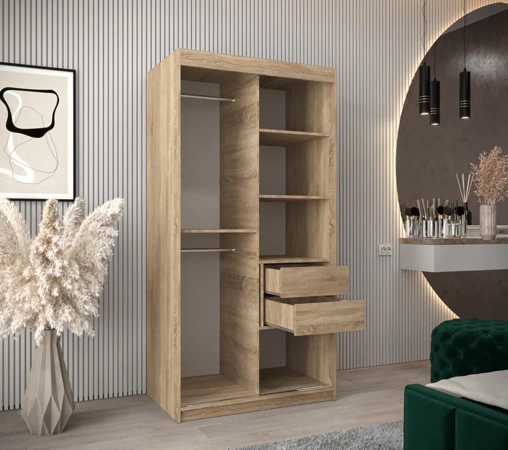 Boliwia Contemporary 2 Mirrored Sliding Door Wardrobe 5 Shelves 2 Rails Sonoma Oak Effect (W)100cm