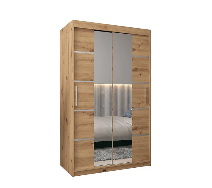 Verona 04 Contemporary 2 Mirrored Sliding Door Wardrobe 5 Shelves 2 Rails Oak Artisan Effect (W)120cm