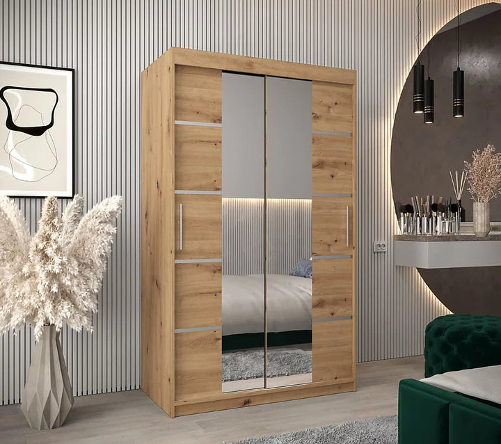 Verona 04 Contemporary 2 Mirrored Sliding Door Wardrobe 5 Shelves 2 Rails Oak Artisan Effect (W)120cm