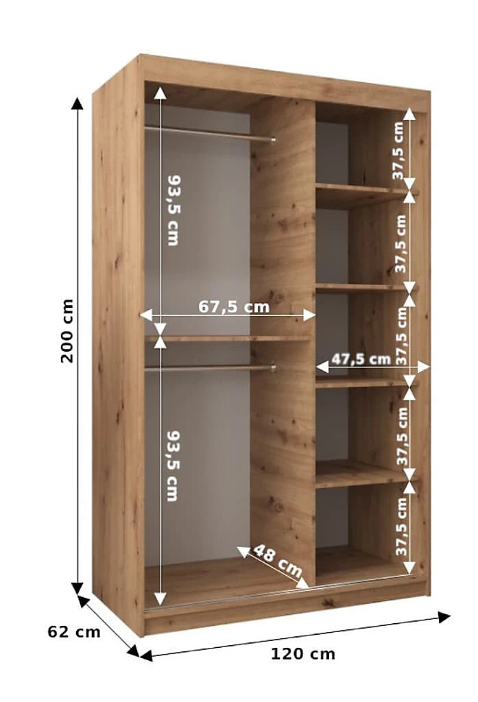 Verona 04 Contemporary 2 Mirrored Sliding Door Wardrobe 5 Shelves 2 Rails Oak Artisan Effect (W)120cm