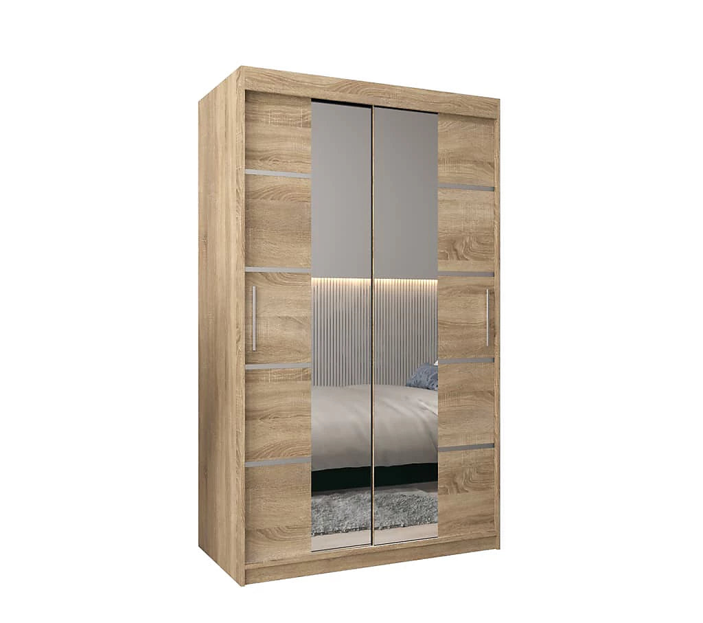 Verona 04 Contemporary 2 Mirrored Sliding Door Wardrobe 5 Shelves 2 Rails Oak Sonoma Effect (W)120cm