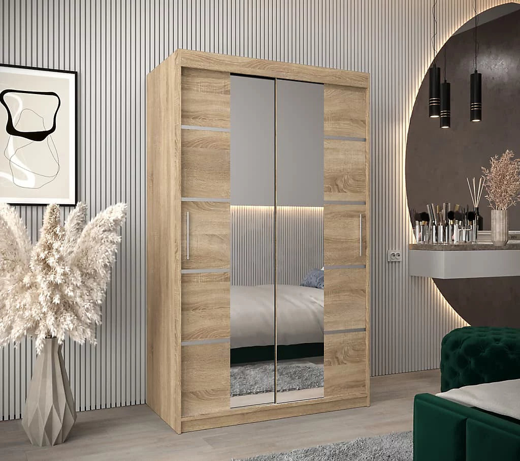 Verona 04 Contemporary 2 Mirrored Sliding Door Wardrobe 5 Shelves 2 Rails Oak Sonoma Effect (W)120cm