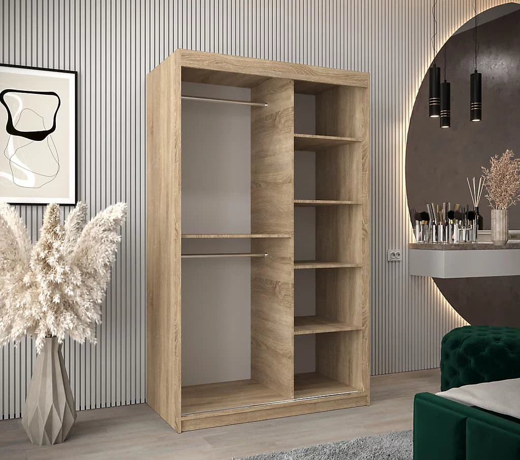 Verona 04 Contemporary 2 Mirrored Sliding Door Wardrobe 5 Shelves 2 Rails Oak Sonoma Effect (W)120cm