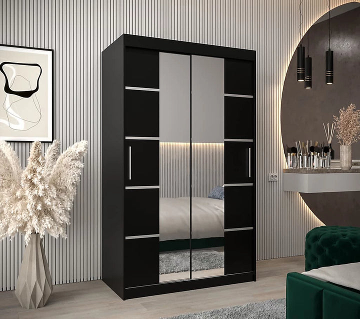 Verona 04 Contemporary 2 Mirrored Sliding Door Wardrobe 5 Shelves 2 Rails Black Matt (W)120cm