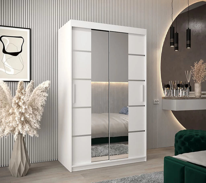 Verona 04 Contemporary 2 Mirrored Sliding Door Wardrobe 5 Shelves 2 Rails White Matt  (W)120cm