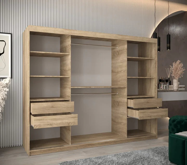 Tokyo 01 Contemporary Mirrored 3 Sliding Door Wardrobe 9 Shelves 2 Rails Oak Sonoma Effect (W)250cm