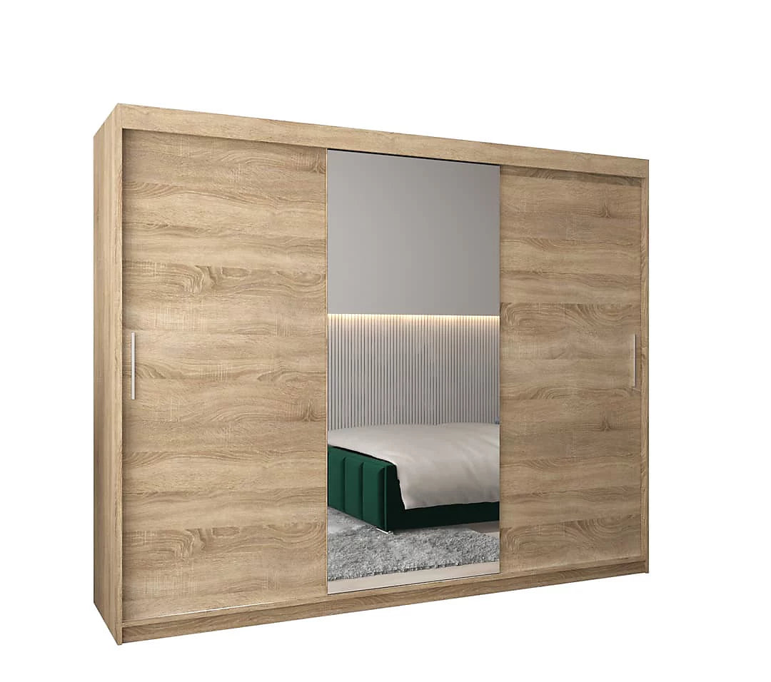 Tokyo 01 Contemporary Mirrored 3 Sliding Door Wardrobe 9 Shelves 2 Rails Oak Sonoma Effect (W)250cm