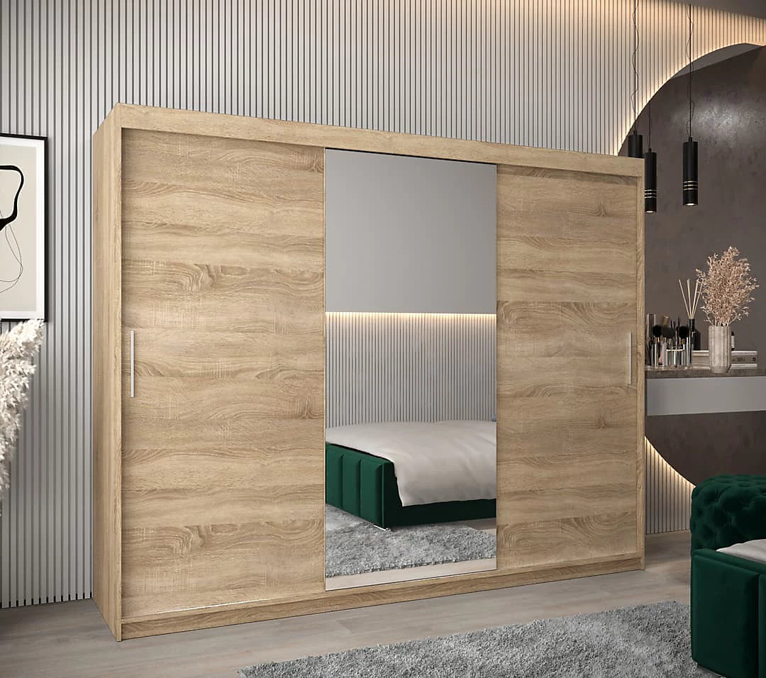 Tokyo 01 Contemporary Mirrored 3 Sliding Door Wardrobe 9 Shelves 2 Rails Oak Sonoma Effect (W)250cm