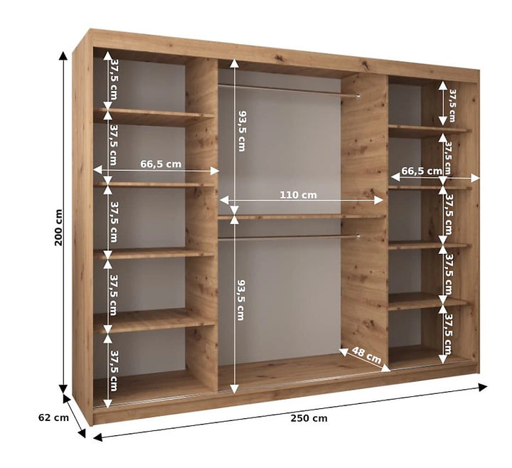 Tokyo 01 Contemporary Mirrored 3 Sliding Door Wardrobe 9 Shelves 2 Rails Oak Sonoma Effect (W)250cm