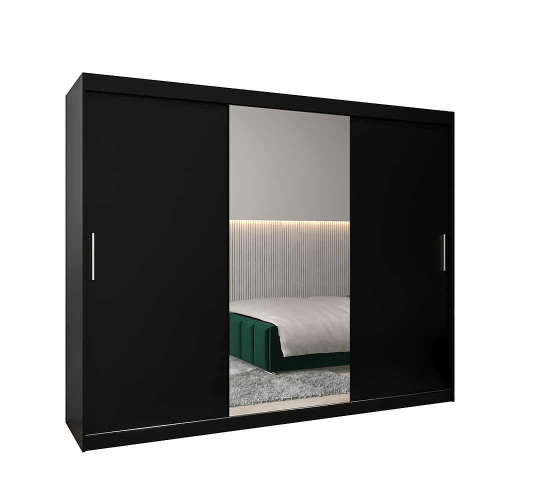 Tokyo 01 Contemporary Mirrored 3 Sliding Door Wardrobe 9 Shelves 2 Rails Black Matt (W)250cm