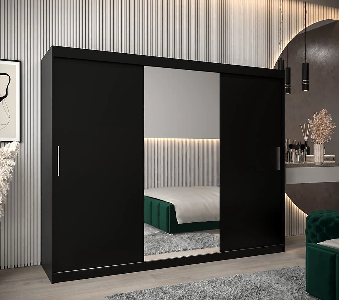 Tokyo 01 Contemporary Mirrored 3 Sliding Door Wardrobe 9 Shelves 2 Rails Black Matt (W)250cm