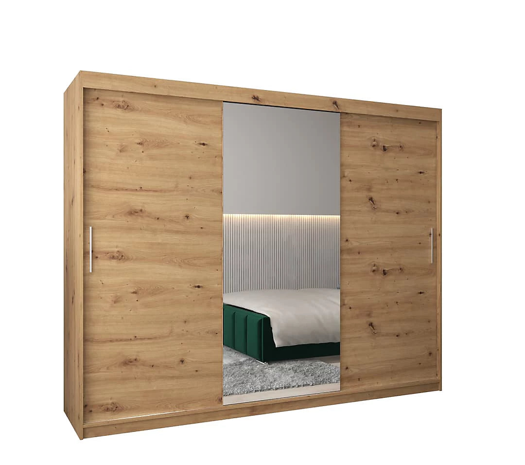 Tokyo 01 Contemporary Mirrored 3 Sliding Door Wardrobe 9 Shelves 2 Rails Oak Artisan Effect (W)250cm