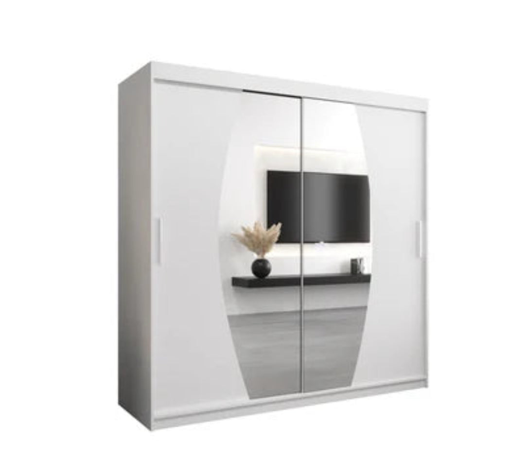 Elypse Contemporary 2 Mirrored Sliding Door Wardrobe 9 Shelves 2 Rails White (W)200cm