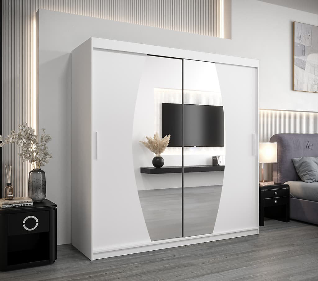Elypse Contemporary 2 Mirrored Sliding Door Wardrobe 9 Shelves 2 Rails White (W)200cm