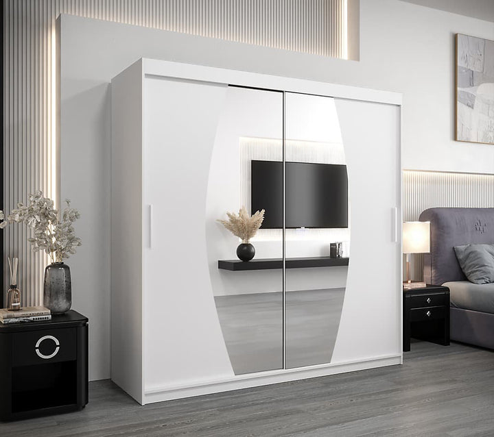 Elypse Contemporary 2 Mirrored Sliding Door Wardrobe 9 Shelves 2 Rails White (W)200cm