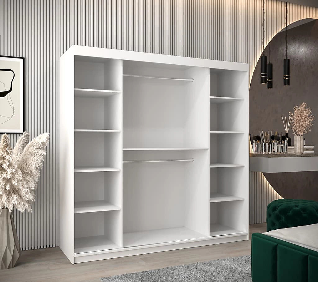 Elypse Contemporary 2 Mirrored Sliding Door Wardrobe 9 Shelves 2 Rails White (W)200cm