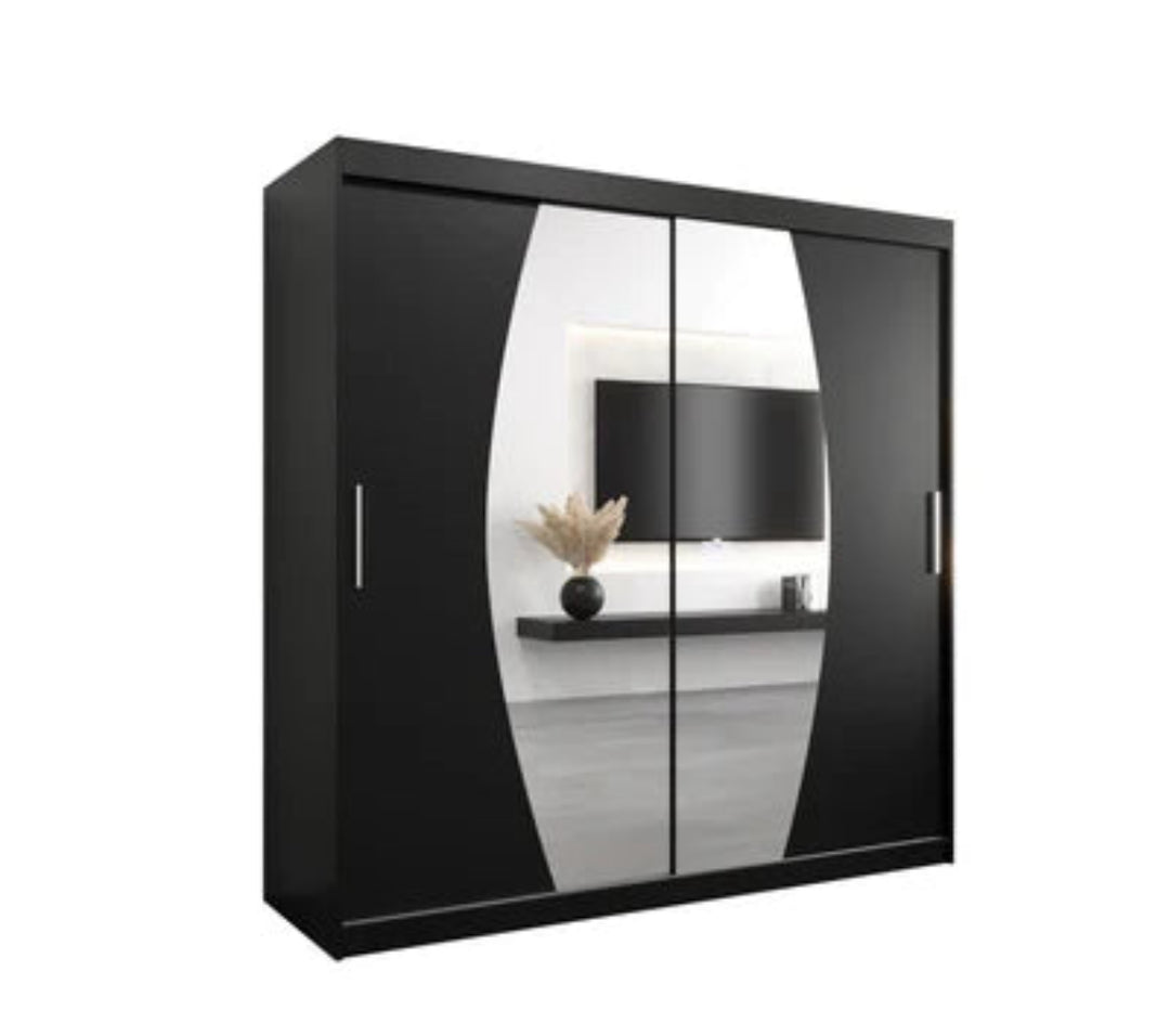 Elypse Contemporary 2 Mirrored Sliding Door Wardrobe 9 Shelves 2 Rails Black (W)200cm