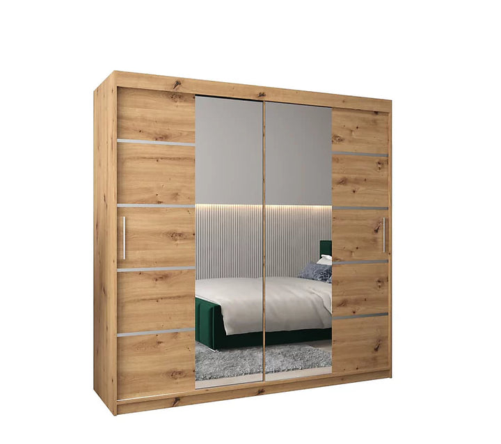 Verona 04 Contemporary 2 Mirrored Sliding Door Wardrobe 9 Shelves 2 Rails Oak Artisan Effect (W)200cm