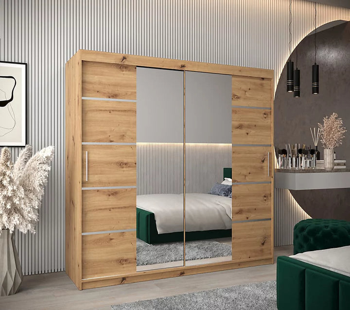 Verona 04 Contemporary 2 Mirrored Sliding Door Wardrobe 9 Shelves 2 Rails Oak Artisan Effect (W)200cm