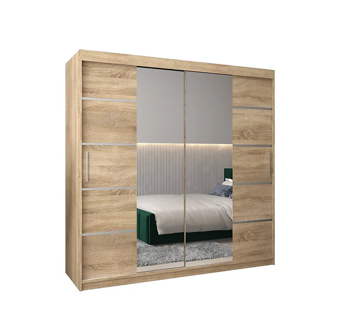 Verona 04 Contemporary 2 Mirrored Sliding Door Wardrobe 9 Shelves 2 Rails Oak Sonoma Effect (W)200cm