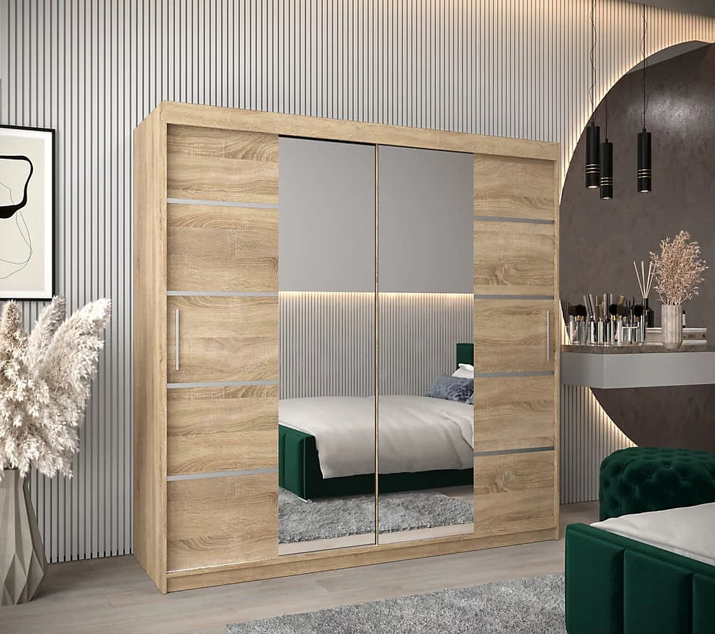 Verona 04 Contemporary 2 Mirrored Sliding Door Wardrobe 9 Shelves 2 Rails Oak Sonoma Effect (W)200cm